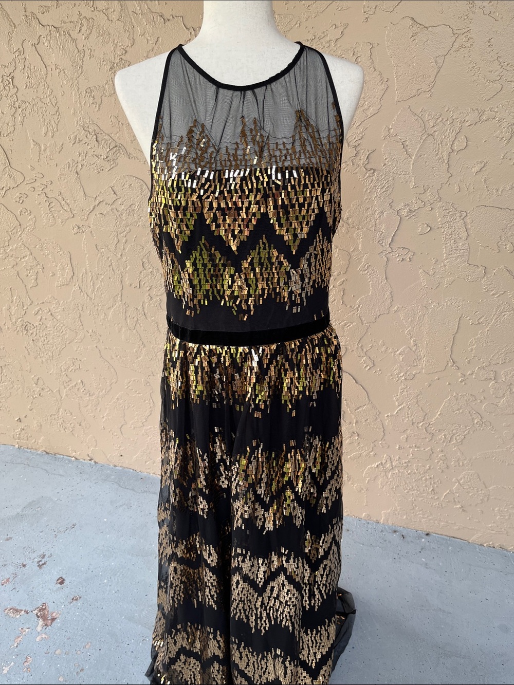 Vince Camuto Black Maxi Dress with Gold Sequin Pattern